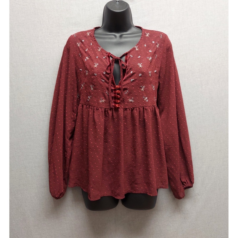 Anna Cai‎ Top Babydoll Burgundy Embroidered Semi Sheer Velvet Trim Witchy Boho M